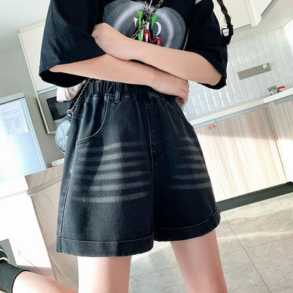 Elastic Waist Washed Denim Shorts