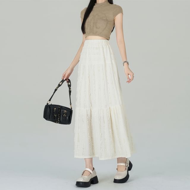Elastic Waist Plain Tiered Midi A-Line Skirt