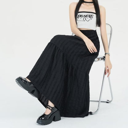 Elastic Waist Plain Tiered Midi A-Line Skirt