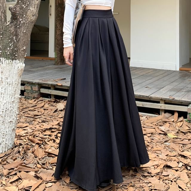 High Rise Plain Inverted Pleated Maxi A-Line Skirt