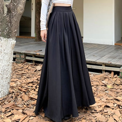 High Rise Plain Inverted Pleated Maxi A-Line Skirt