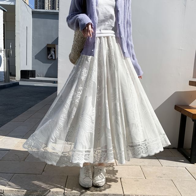 High Waist Floral Lace Trim Maxi A-Line Skirt
