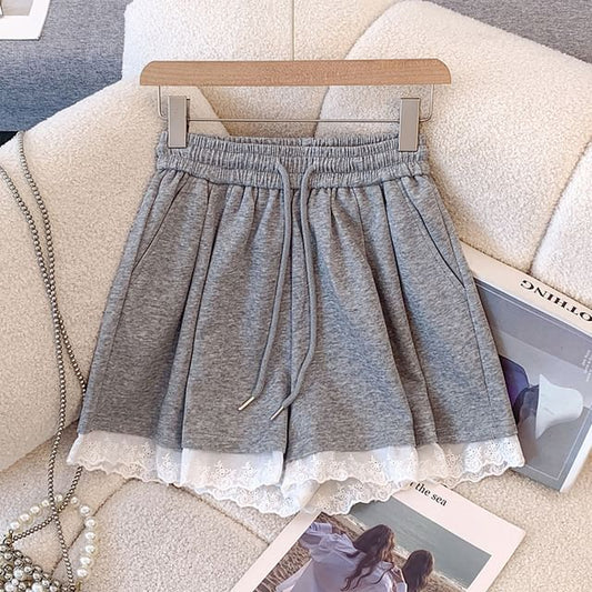 Drawstring Waist Plain Lace Trim Mini A-Line Skirt