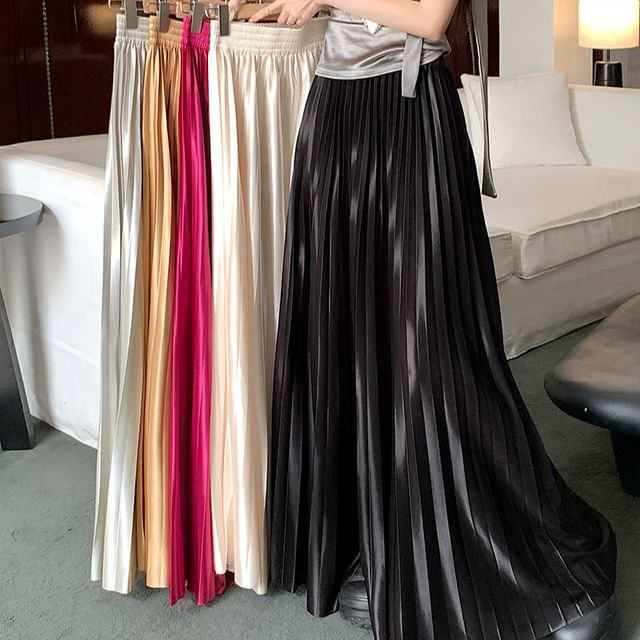 High Waist Plain Accordion Pleated Maxi A-Line Skirt