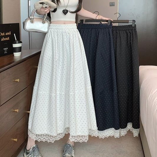 High Rise Dotted Lace Trim Maxi A-Line Skirt