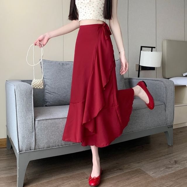 High Waist Plain Ruffle Midi A-Line Skirt