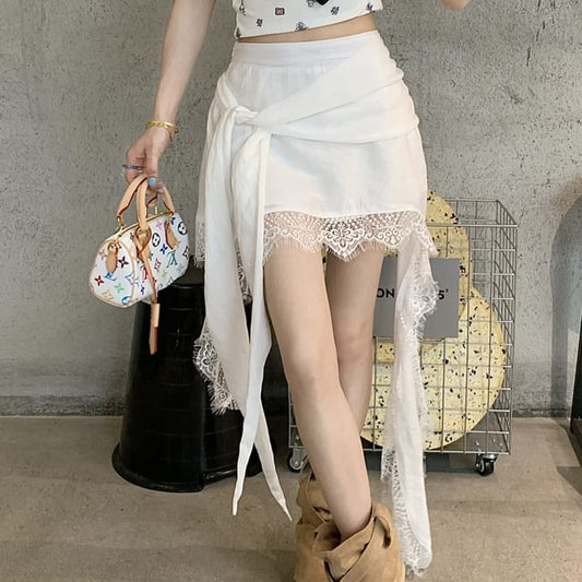 High Waist Plain Lace Trim Asymmetrical Wrap Skort
