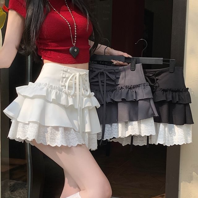 High Rise Plain Lace-Up Ruffle Lace Trim Mini A-Line Skirt