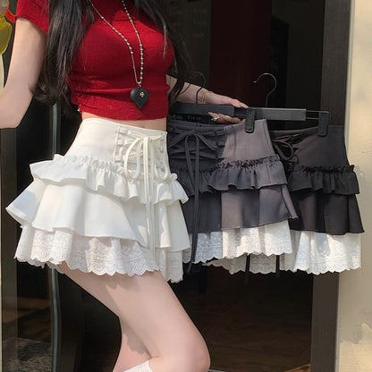 High Rise Plain Lace-Up Ruffle Lace Trim Mini A-Line Skirt