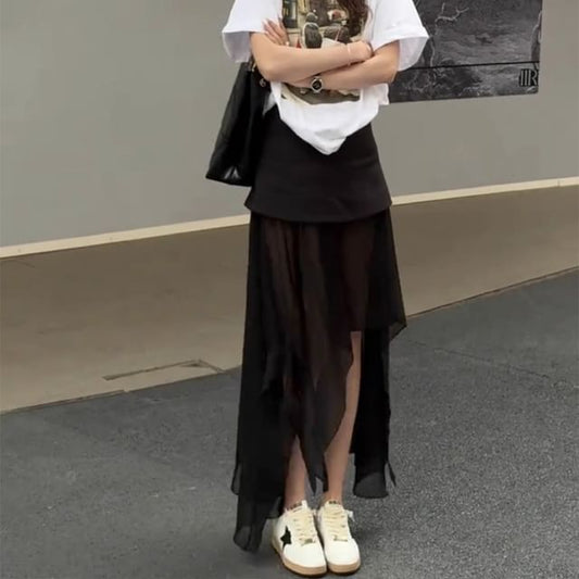 High Waist Plain Asymmetrical Maxi Straight Skirt