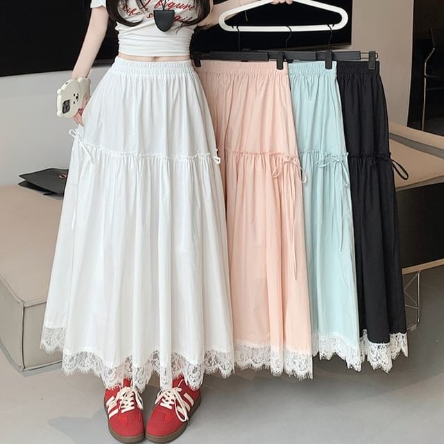 High Waist Plain Lace Trim Maxi A-Line Skirt