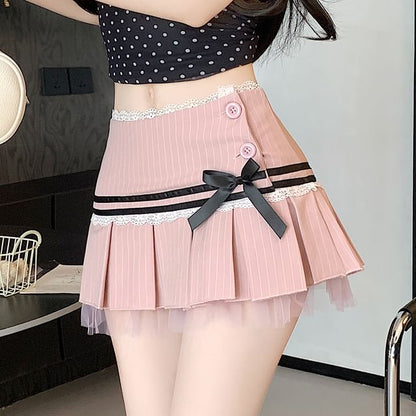Low Waist Pinstriped Lace Trim Bow Pleated Mini A-Line Skirt