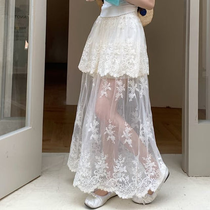 High Waist Flower Embroidered Lace Trim Maxi A-Line Skirt