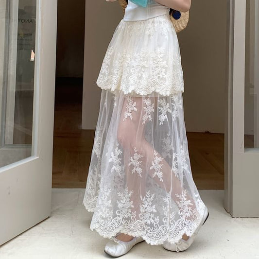 High Waist Flower Embroidered Lace Trim Maxi A-Line Skirt