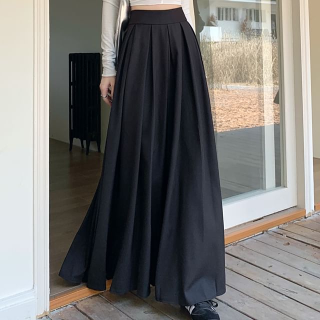 High Rise Plain Inverted Pleated Maxi A-Line Skirt