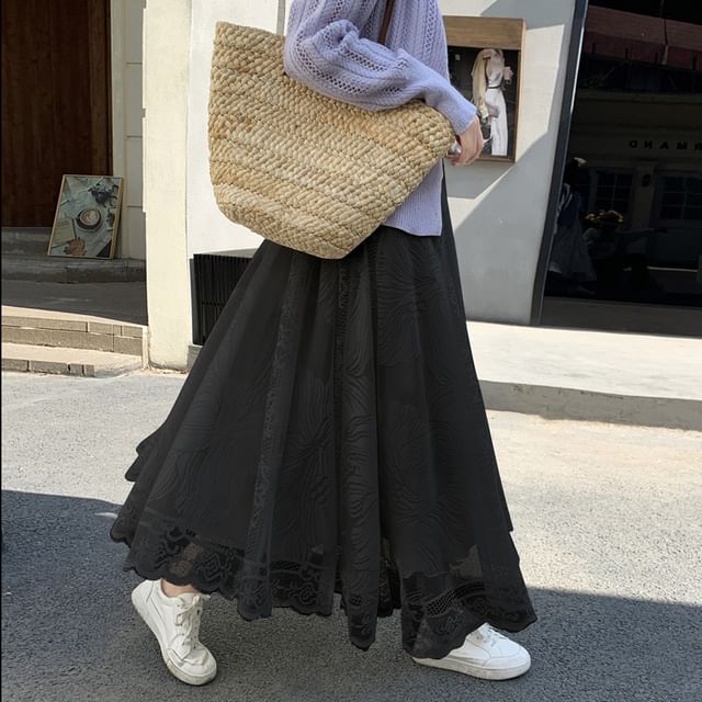 High Waist Floral Lace Trim Maxi A-Line Skirt