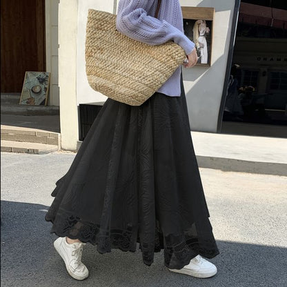 High Waist Floral Lace Trim Maxi A-Line Skirt