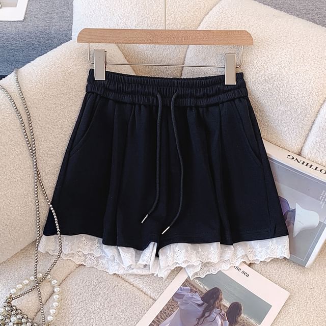 Drawstring Waist Plain Lace Trim Mini A-Line Skirt