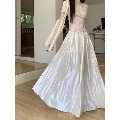 High Waist Plain Accordion Pleated Maxi A-Line Skirt