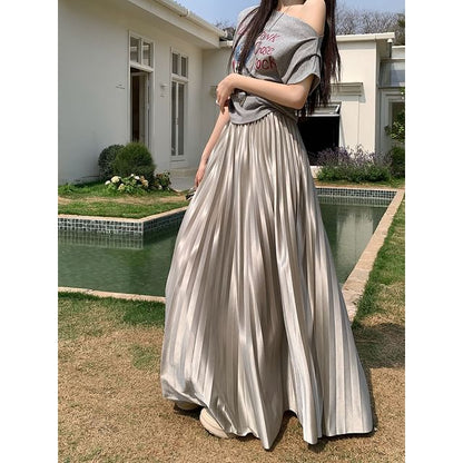 High Waist Plain Accordion Pleated Maxi A-Line Skirt