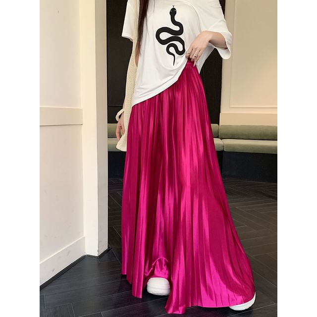 High Waist Plain Accordion Pleated Maxi A-Line Skirt
