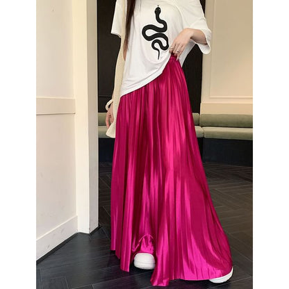 High Waist Plain Accordion Pleated Maxi A-Line Skirt