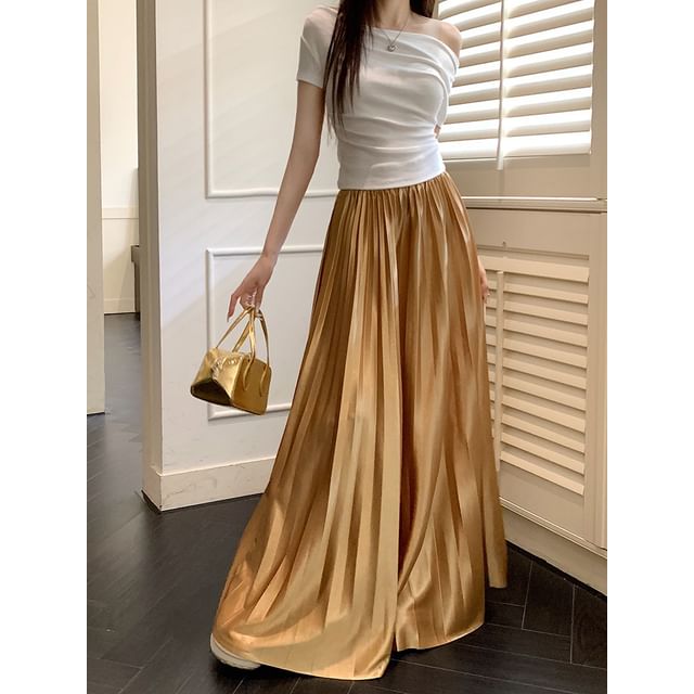 High Waist Plain Accordion Pleated Maxi A-Line Skirt