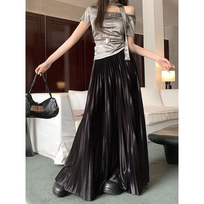 High Waist Plain Accordion Pleated Maxi A-Line Skirt
