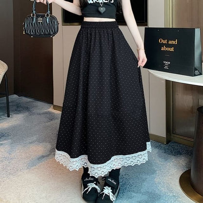 High Rise Dotted Lace Trim Maxi A-Line Skirt