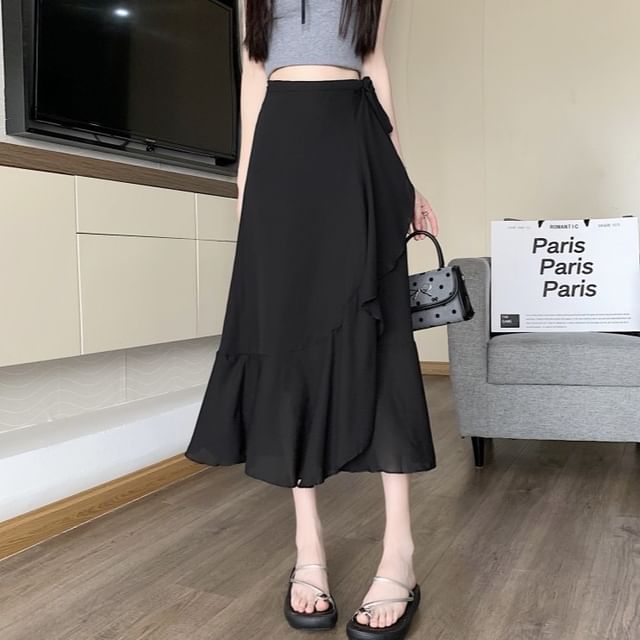 High Waist Plain Ruffle Midi A-Line Skirt