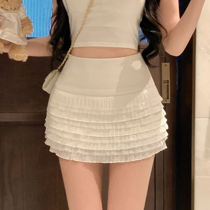 High Rise Plain Lace Trim Mini Pencil Skirt