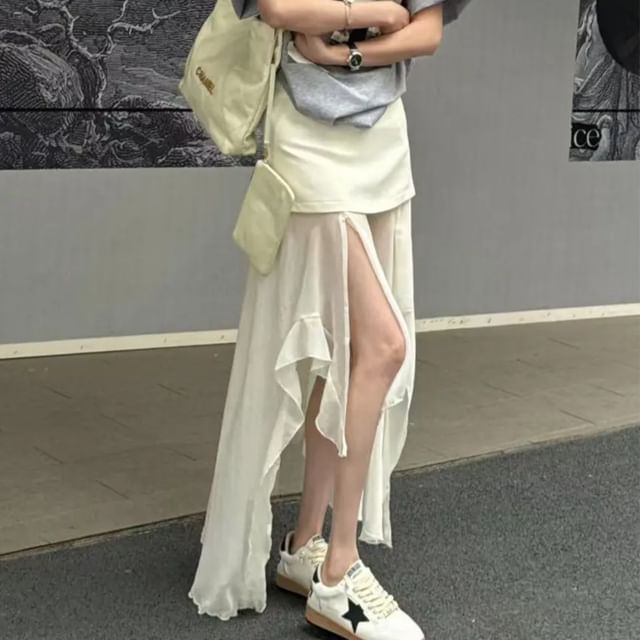 High Waist Plain Asymmetrical Maxi Straight Skirt