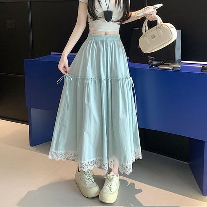 High Waist Plain Lace Trim Maxi A-Line Skirt