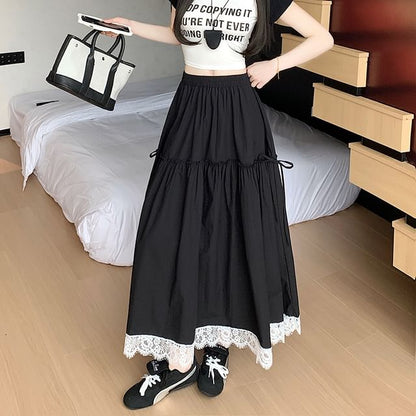 High Waist Plain Lace Trim Maxi A-Line Skirt