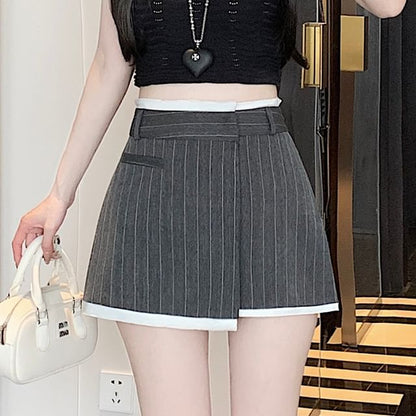 High Rise Pinstriped Asymmetrical Mini A-Line Skirt