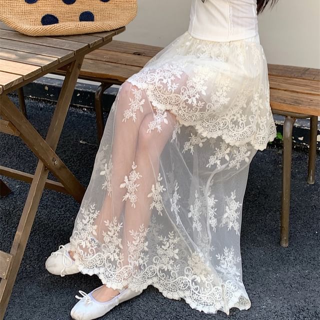 High Waist Flower Embroidered Lace Trim Maxi A-Line Skirt