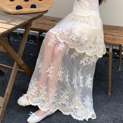 High Waist Flower Embroidered Lace Trim Maxi A-Line Skirt