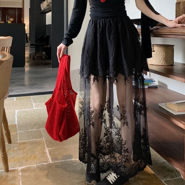 High Waist Flower Embroidered Lace Trim Maxi A-Line Skirt