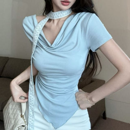 Short-Sleeve Cowl Neck Plain Asymmetrical Slim Fit Tee