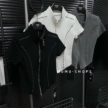 Short-Sleeve Turtleneck Plain Studded Zip Slim Fit T-Shirt