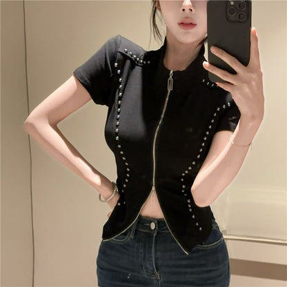 Short-Sleeve Turtleneck Plain Studded Zip Slim Fit T-Shirt