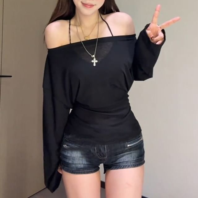 Off-Shoulder Slim Plain Tee Fit Long-Sleeve Asymmetrical Neck Sashed