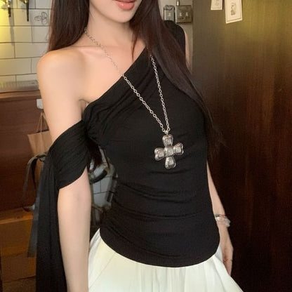 Ruched T-Shirt Off-Shoulder Fit Short-Sleeve Bow Plain Slim