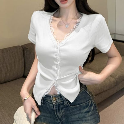 Short-Sleeve V-Neck Plain Lace Trim Button Slim Fit Tee