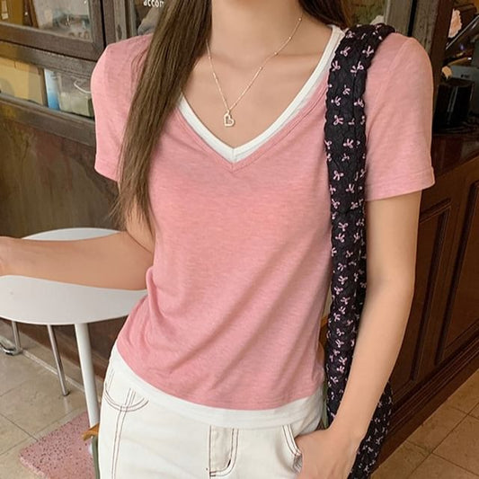 Mock Two-Piece Short-Sleeve V-Neck Contrast Trim Tee