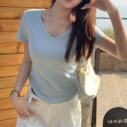 Short-Sleeve V-Neck Plain Ruched T-Shirt