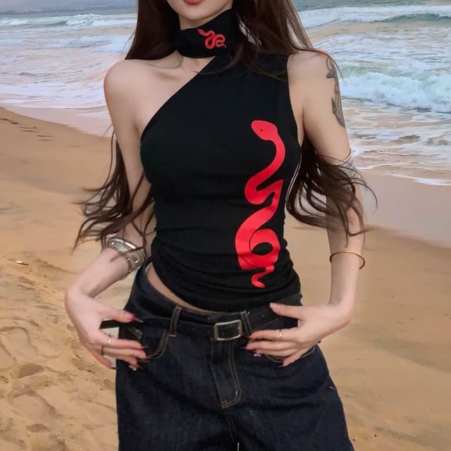 Halter One-Shoulder Snake Print Slim Fit Tank Top