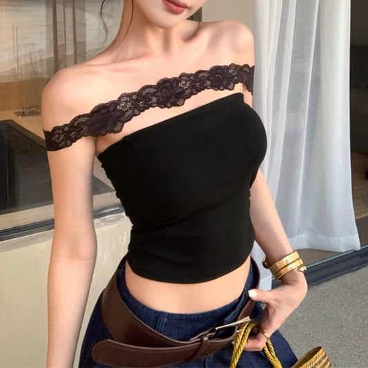 Halter Plain Lace Panel Padded Crop Slim Fit Top