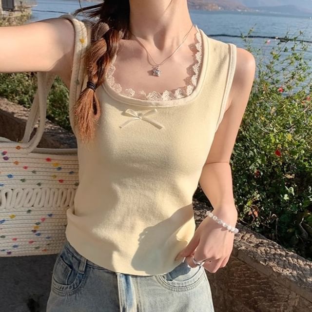 Top Fit Neck Square Lace Bow Slim Tank Trim