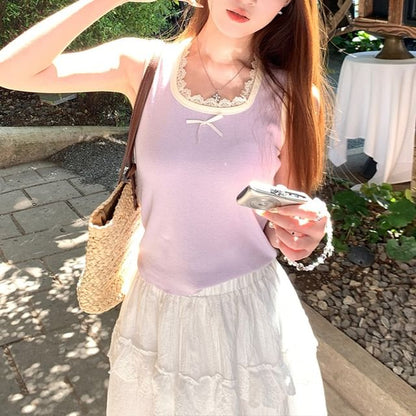 Square Neck Bow Lace Trim Slim Fit Tank Top